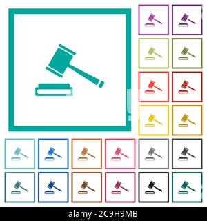 Auction hammer flat color icons with quadrant frames on white background Stock Vector