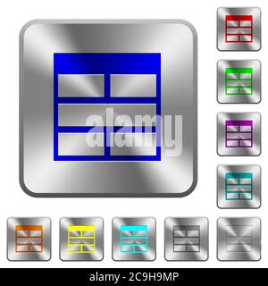 Spreadsheet horizontally merge table cells engraved icons on rounded square glossy steel buttons Stock Vector