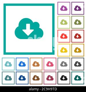 Cloud download flat color icons with quadrant frames on white background Stock Vector