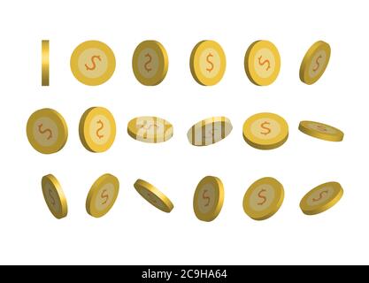 Dollar coin isolated on white background. Dollar coins in various angles. Stock Vector