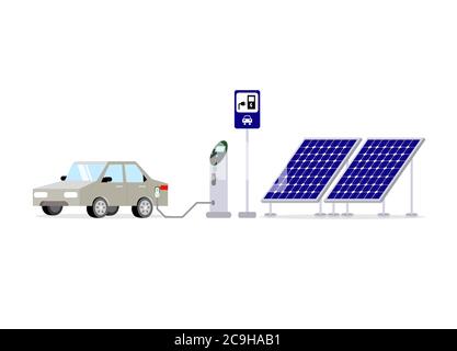 An electric car is charging the battery at a power station using solar power. Stock Vector