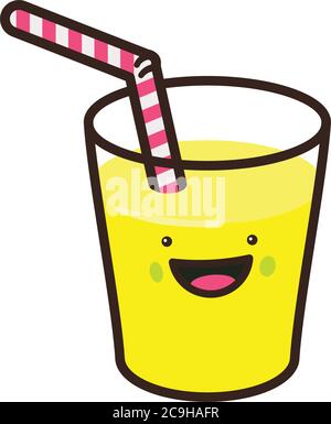 Cute Kawaii glass of lemonade  with drinking straw vector illustration Stock Vector