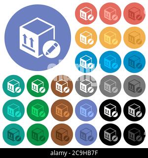 Package edit multi colored flat icons on round backgrounds. Included white, light and dark icon variations for hover and active status effects, and bo Stock Vector