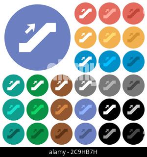 Escalator up sign multi colored flat icons on round backgrounds. Included white, light and dark icon variations for hover and active status effects, a Stock Vector