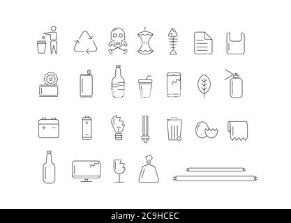 Different types of waste icon on white background. Stock Vector