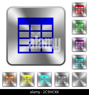 Spreadsheet table engraved icons on rounded square glossy steel buttons Stock Vector