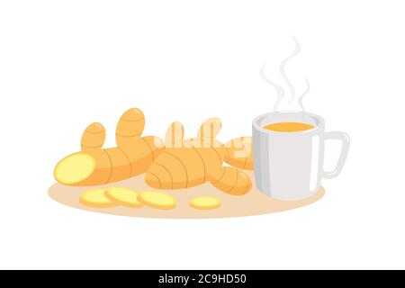 Ginger and ginger tea isolated on white background. Stock Vector