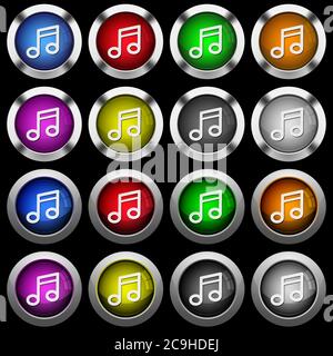 Music note white icons in round glossy buttons with steel frames on black background.The buttons are in two different styles and eight colors. Stock Vector