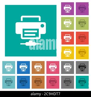Network printer multi colored flat icons on plain square backgrounds. Included white and darker icon variations for hover or active effects. Stock Vector