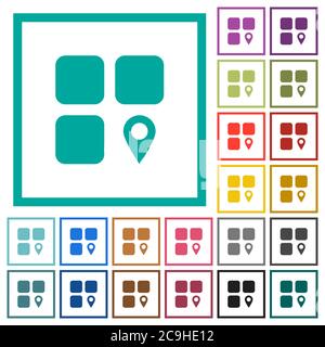Component location flat color icons with quadrant frames on white background Stock Vector