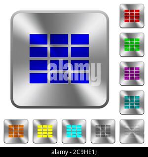 Spreadsheet engraved icons on rounded square glossy steel buttons Stock Vector
