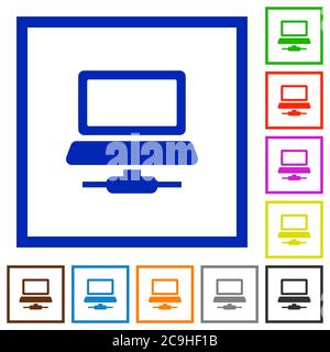 Network computer flat color icons in square frames on white background Stock Vector