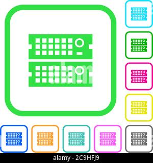 Rack servers vivid colored flat icons in curved borders on white background Stock Vector