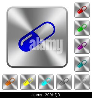 Pill engraved icons on rounded square glossy steel buttons Stock Vector
