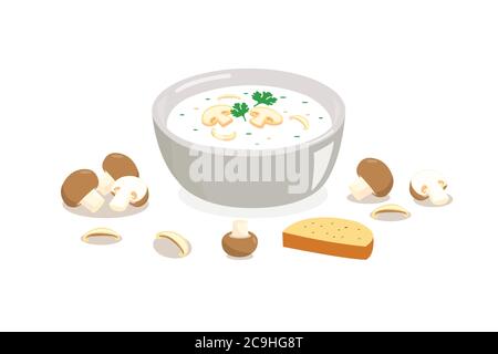 Mushroom soup in a bowl with bread isolated on white background. Stock Vector