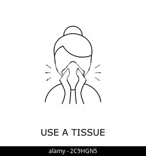 Sneeze line icon. Woman blowing her nose in paper tissue. Use tissue. Cover mouth and nose when coughing and sneezing. Personal hygiene. Vector Stock Vector