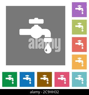 Water faucet with water drop flat icons on simple color square backgrounds Stock Vector