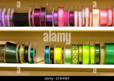 July 2020 - Spools of Ribbon for sale in a crafting supplies shop Stock Photo