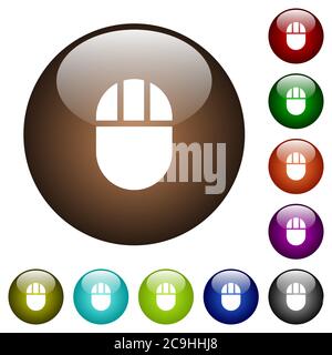 Three buttoned computer mouse white icons on round color glass buttons Stock Vector
