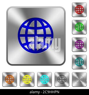 Globe engraved icons on rounded square glossy steel buttons Stock Vector