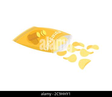 Crispy potato chips opened out of the envelope isolated on white background. Stock Vector