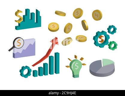 Various symbols relating to investment and finance isolated on white background. Stock Vector