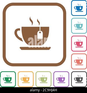 Cup of tea with teabag simple icons in color rounded square frames on white background Stock Vector
