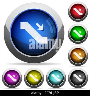 Escalator down sign icons in round glossy buttons with steel frames Stock Vector