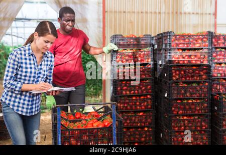 Woman greenhouse owner working with papers in vegetable warehouse while african american worker stacking crates with freshly picked tomatoes during ha Stock Photo