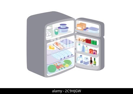 Grey refrigerator was opened the door isolated on white background. Refrigerator keeps fruits and food to maintain freshness. Stock Vector