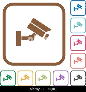 Security camera simple icons in color rounded square frames on white background Stock Vector
