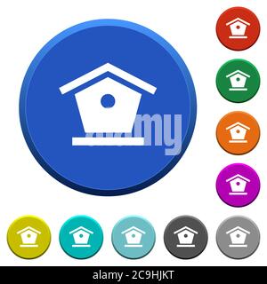 Bird feeder round color beveled buttons with smooth surfaces and flat white icons Stock Vector