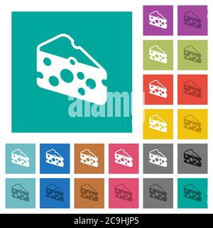 Slice of cheese multi colored flat icons on plain square backgrounds. Included white and darker icon variations for hover or active effects. Stock Vector