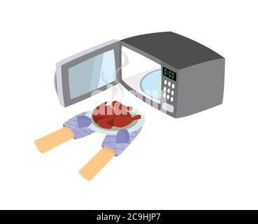 Microwave with open door. Wear gloves to remove the chicken from the microwave. Stock Vector