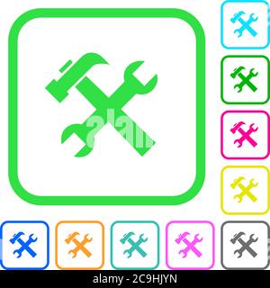 Wrench and hammer vivid colored flat icons in curved borders on white background Stock Vector