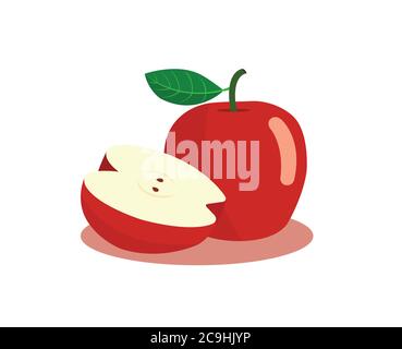 Red apple and half cut apples isolated on white background. Stock Vector