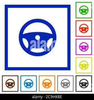 Steering wheel flat color icons in square frames on white background Stock Vector