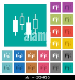 Candlestick chart multi colored flat icons on plain square backgrounds. Included white and darker icon variations for hover or active effects. Stock Vector