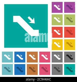 Escalator down sign multi colored flat icons on plain square backgrounds. Included white and darker icon variations for hover or active effects. Stock Vector