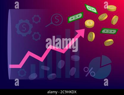 Various symbols relating to finance and investment. Investment graph with arrow and dollar coin. Stock Vector