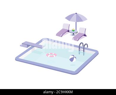 Swimming pool and pool chair set isolated on white background. Stock Vector