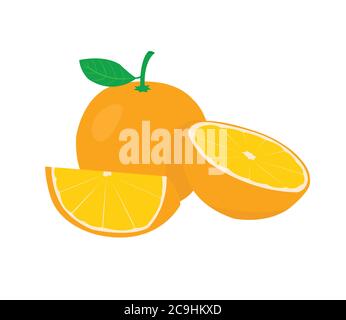 Orange and orange cut in half isolated on white background. Orange and orange juice on white background. Stock Vector