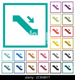 Escalator down sign square flat multi colored icons flat color icons with quadrant frames on white background Stock Vector