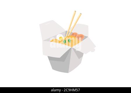 Noodles are packed in paper boxes isolated on white background. Stock Vector