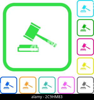 Auction hammer vivid colored flat icons in curved borders on white background Stock Vector