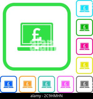 Laptop with Pound sign vivid colored flat icons in curved borders on white background Stock Vector