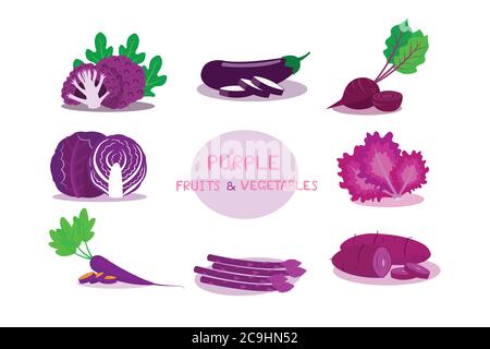 Purple fruits and vegetables isolated on white background. Stock Vector