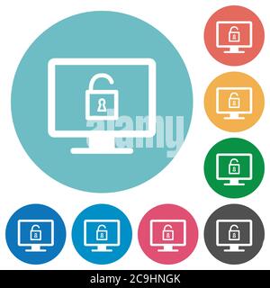 Unlock screen flat white icons on round color backgrounds Stock Vector
