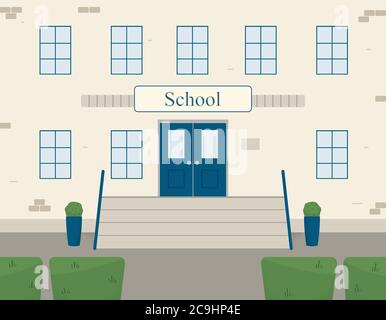 Classic brick facade of the school building. Entrance with a porch with steps to educational institution. Vector illustration Stock Vector