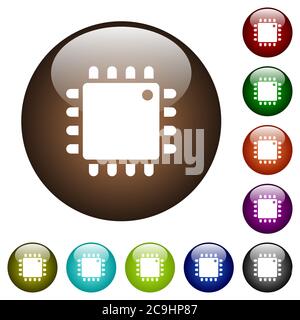 Computer processor white icons on round color glass buttons Stock Vector